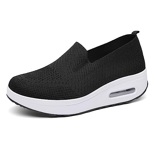 Hotcham Damen Schlankheitsschuhe Plateauschuhe Laufschuhe Gewicht Luft leicht elastisch Sport Laufen Yoga Tennis zum Überziehen Sportschuh Netzstoff flach Sommer, Schwarz 1, 37 EU von Hotcham