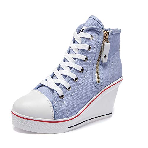 Hotcham Damen Canvas Sneaker Wedges mit Keilabsatz Freizeitschuhe Turnschuhe Laufschuhe Sportschuhe,01Blau,EU40 von Hotcham