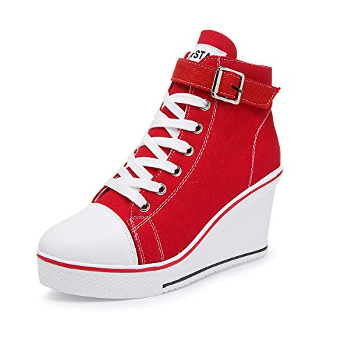 Women's Canvas Casual Shoes Dating Platform Slip-On High Top Sneakers Rubber Sole Wedge High Top Fashion Sneakers, Red/ 6.5 von Hotcham