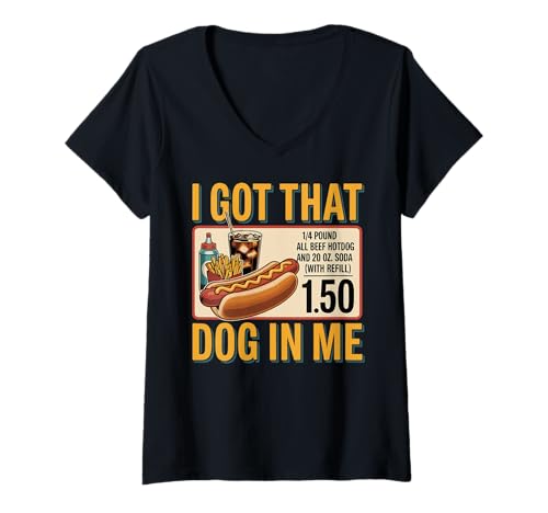 Damen Lustiger Hotdog im Retro-Look im Vintage-Look „I Got That Dog in Me“ T-Shirt mit V-Ausschnitt Damen Lustiger Hotdog im Retro-Look im Vintage-Look „I Got That Dog in Me“ T-Shirt mit V-Ausschnitt von Hotdog Funny Fast Food Love Hotdog Sandwich Combo