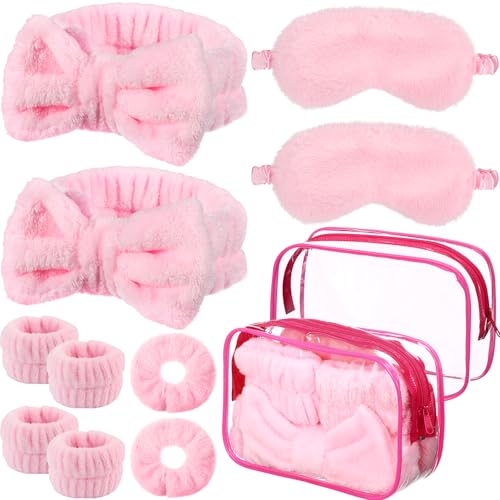 Hoteam 10-teiliges rosa Spa-Stirnband-Set mit 2 Spa-Stirnbändern, 2 Armbändern, 2 Plüsch-Schlaf-Augenmasken, 2 Samt-Haargummis, 2 transparente Kosmetiktaschen zum Waschen von Gesicht, Hautpflege, von Hoteam