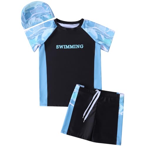 Hotfiary Jungen-Badeanzug, große Kinder-Badehose und kurzärmeliges Rashguard-Shirt und Badekappe, zweiteiliges Badeanzug-T-Shirt, kurzes Set, Sommer-Badeanzug, Bademode für 6 7 8 9 10 11 12 13 14 15 Hotfiary Jungen-Badeanzug, große Kinder-Badehose und kurzärmeliges Rashguard-Shirt und Badekappe, zweiteiliges Badeanzug-T-Shirt, kurzes Set, Sommer-Badeanzug, Bademode für 6 7 8 9 10 11 12 13 14 15 von Hotfiary