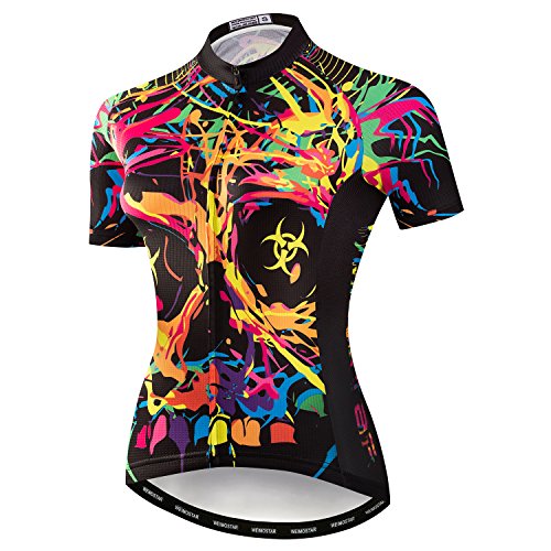 Damen Radfahren Jersey Kurzarm Fahrrad Shirt Mädchen MTB Fahrrad Kleidung Atmungsaktiv Totenkopf Bunt Größe M von Hotlion