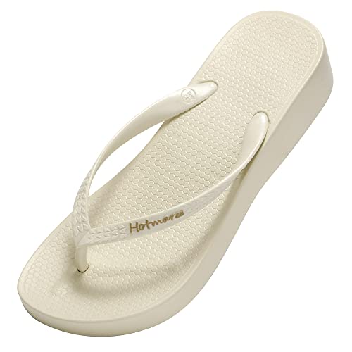 Hotmarzz Damen Zehentrenner Keilabsatz Sandalen Platform Flip Flops Maedchen Sommer Strand Hausschuhe Rutschen Schuhe Size 36 EU, Beige von Hotmarzz