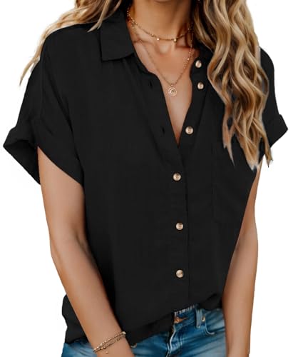 HOTOUCH Damenhemden, Baumwolle, Button-Down-Shirt, kurzärmelig, Blusen, V-Ausschnitt, Kragen, Freizeit-Tops, einfarbig, Größe S-3XL, Schwarz , Small HOTOUCH Damenhemden, Baumwolle, Button-Down-Shirt, kurzärmelig, Blusen, V-Ausschnitt, Kragen, Freizeit-Tops, einfarbig, Größe S-3XL, Schwarz , Small von Hotouch