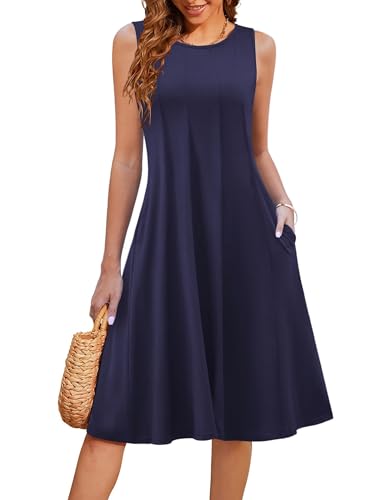 HOTOUCH Damen Sommerkleid Ärmelloses Midikleid Rundhals Sommerkleid Floral Wrap Taille Freizeitkleid mit Taschen, marineblau, M von Hotouch