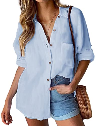 HOTOUCH Blaue Bluse Damen Langarm Hemd Freizeit mit Button Down Kragen und Knopfleiste Himmelblau XL von HOTOUCH