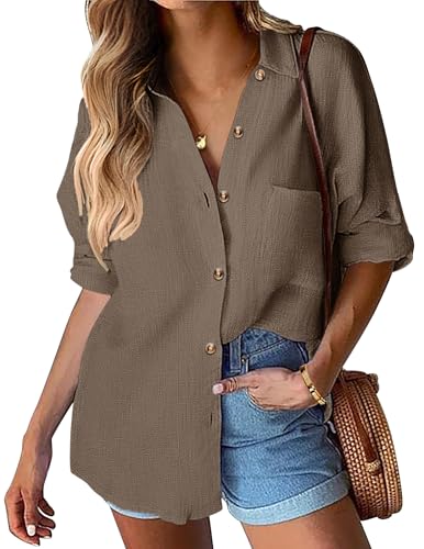 Hotouch Bluse Schwarz Damen Hemd Langarmshirt mit Knöpfen für Frühling Arbeit Orberteil Braun S von Hotouch