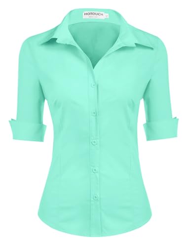 Hotouch Bluse Damen 100% Baumwolle Taillierte Hemd 3/4 Ärmel Basichemd V Ausschnitt Oberteile Frauen Business Tops Eisgrün S von Hotouch