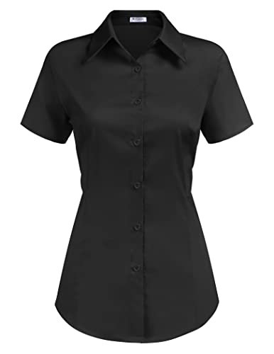 Hotouch Bluse Damen 3/4 Ärmln V-Ausschnitt Slim Fit Geknöpfte Tunika Baumwolle Frauen Shirt Sommer Schwarz L von Hotouch