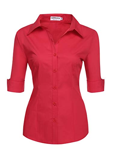 Hotouch Bluse Damen Elegant 3/4 Ärmln Bluse V-Ausschnitt Slim Fit Geknöpfte Tunika Baumwolle Frauen Shirt Sommer Rot S von Hotouch