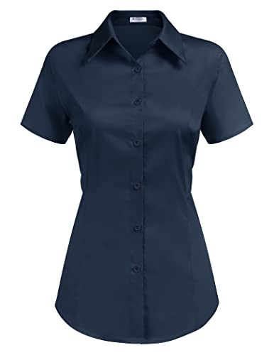 Hotouch Bluse Damen Elegant Baumwolle mit Knopfleiste Klassische Bluse Business Blusenshirt Tunika Damen Sommer Tops V-Ausschnitt Freizeithemd Dunkelbau M von Hotouch