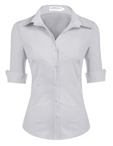 Hotouch Bluse Damen Sommer Hemdbluse 3/4 Ärmel Slim Fit Hemd Baumwolle Basic Shirt Business Blusen mit Knopleiste Kurzarm V-Ausschnitt Blusenshirt Tops Grau L von Hotouch