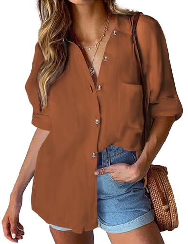 HOTOUCH Bluse Damen Elegant Langarm Hemd Casual Button down Shirt V-Ausschnitt Casual Hemdbluse Braun M von HOTOUCH