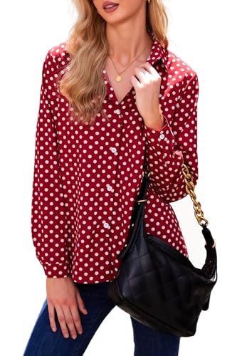 Hotouch Damen Bluse Elegant Langarm Hemd Casual Button down Shirt V-Ausschnitt Casual Hemdbluse Rot S von Hotouch