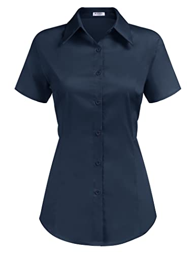 Hotouch Bluse Damen Sommer Elegant V-Ausschnitt Hemdbluse Button Down Blusen Tops Casual Kurzarm Hemd Basic T-Shirt 3/4 Ärmel Oberteile Tunika Shirt Dunkelbau L von Hotouch