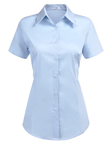 Hotouch Bluse Damen Hemd Taillierte Shirts mit Knopfleiste Klassisch Arbeitshemd Casual Tops Tunika für Alltag Hellblau S von Hotouch