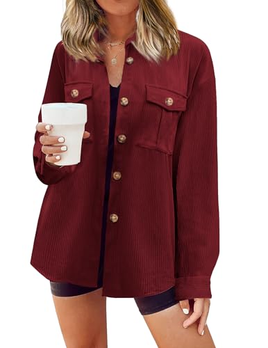 Hotouch Bluse Damen Hemd elegant Langarm Cordhemd V-Ausschnitt Festliche Cordjacke Hemdbluse Business Blusenshirt mit Knöpfen Casual Hemdbluse warm Flanellhemd Weinrot S von Hotouch