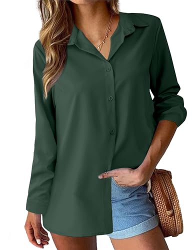 Hotouch Bluse Damen Tuniken Hemdbluse für Damen Hemdjacke Hemd Blusen Hemden Langarmshirt Baumwolle Tunika Elegante Musselin Oversized Longbluse Oberteile V-Ausschnitt Basic Tops Dunkelgrün S von Hotouch