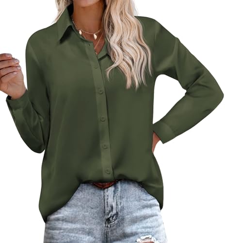 Hotouch Business Shirt Damen Langarm Bluse mit V-Ausschinitt Sommer Casual Basic Hemd Einfarbig Elegant Tops Modern Oberteile mit Knöpfen Dunkelgrün S-XXL von Hotouch