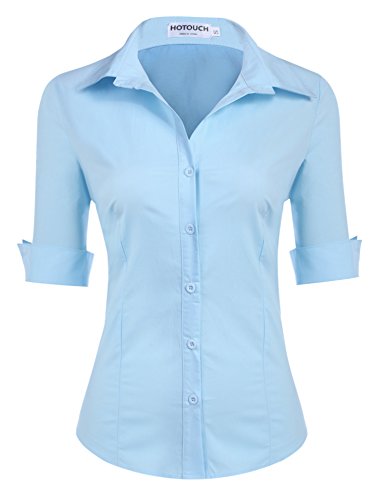 Hotouch Bluse Damen Kurzarm Slim Fit Hemd mit V-Ausschnitt Basic Shirt Button Down Casual Tops Oberteile Seeblau XXL von Hotouch