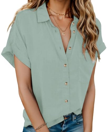 Hotouch Bluse Damen Sommer Baumwolle Hemdbluse V-Ausschnitt Hemd Elegant Kurzarm Leinenbluse Business Oberteile Solide Tunika Shirt Reverskragen Lässig Blusenshirt mit Tasche Hellgrün M von Hotouch