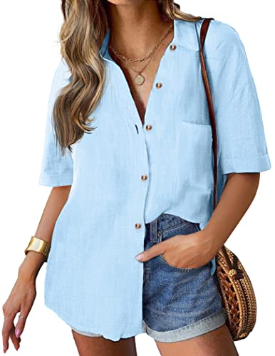 Hotouch Bluse Damen Kurzarm Lässiges Hemd 100% Baumwolle Elegant Longbluse Einfarbig V-Ausschnitt Button Down Bluse Tops Hellblau M von Hotouch