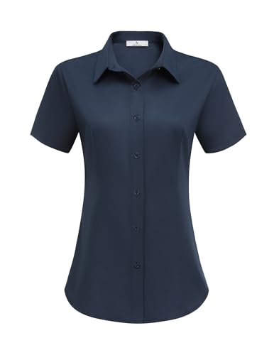 Hotouch Bluse Damen elegant Oberteile Kurzarm Tops mit Brusttaschen V-Ausschnitt Tunika Blusen Damen Sommer Blusenshirt Lässige Hemdbluse Arbeit Hemd Einfarbiger Büroblusen Dunkelbau XXL von Hotouch