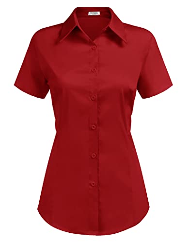 Hotouch Bluse Damen elegant Oberteile Kurzarm mit Reverskragen V-Ausschnitt Tunika Blusen Damen Sommer Blusenshirt Lässige Hemdbluse Arbeit Hemd Einfarbiger Tops Rot S von Hotouch