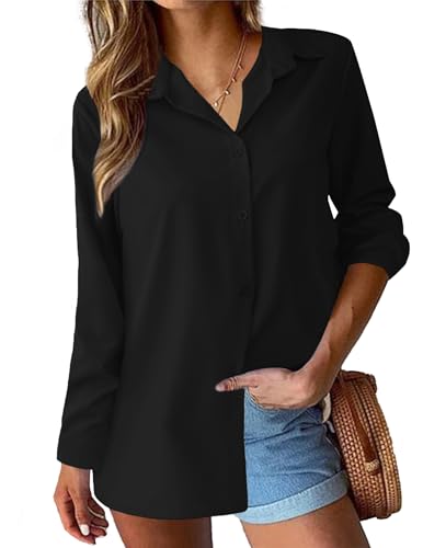 Hotouch Bluse Damen Langarm Hemdbluse Elegant Casual Business Tunika Tops Hemdjacke Knopf Bluse Schwarz M von Hotouch