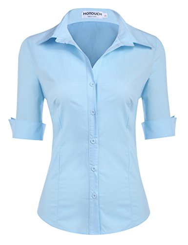 Hotouch Blusen Damen Baumwolle Business Bluse Slim Fit Kurzarm Hemd V-Ausschnitt Basic Shirt Button Down Casual Oberteile Tops Seeblau M von Hotouch