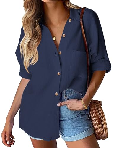 Hotouch Langarm Bluse Damen Baumwolle mit Brusttasche Knopfleiste Button Down Hemdbluse vorn Lässig Navy blau S von Hotouch
