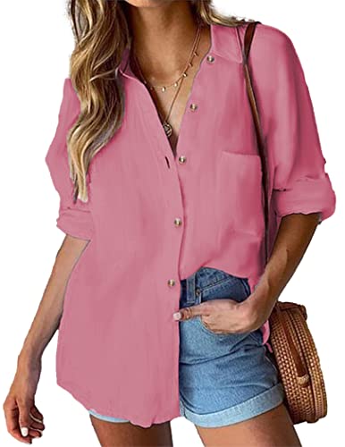 HOTOUCH Bluse Weiß Damen Hemd Langarmshirt mit Knöpfen für Frühling Arbeit Orberteil Rosa S von HOTOUCH