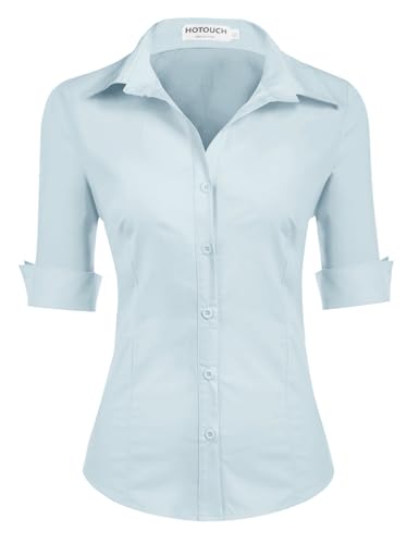 Hotouch Blusen Damen Baumwolle Business Bluse Slim Fit Kurzarm Hemd V-Ausschnitt Basic Shirt Button Down Casual Oberteile Tops Hellblau M von Hotouch