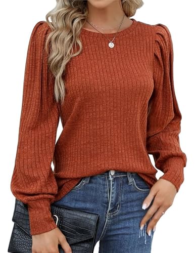 Hotouch Bluse Damen Elegant Dünner Pullover mit Puffärmel Rundhals Langarm Oberteile Casual Herbst Tunika Tops Karamell L von Hotouch