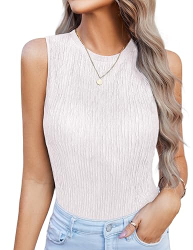 Hotouch Blusentop Damen Top Ärmellos Blasenfalten Shirt Business Outfit Sommer Shirts für Frau Sexy Blusen Lässige Weste Rundhals Weiß M von Hotouch