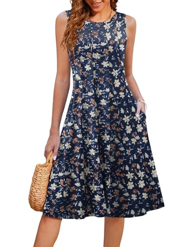Hotouch Boho Blusenkleid Elegant Sommerkleider für Damen Rundhals Blumendruck Strandkleid Falten Ärmelloses T-Shirt Kleid Sommer Umstandskleid Mit Taschen Muster 115 L von Hotouch