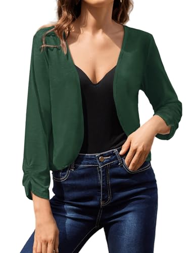 Hotouch Bolero Damen Causal Cardigan 3/4 Ärmel Offene Front Strand Festlich Bolero Strickjacke Dunkelgrün Größe L von Hotouch