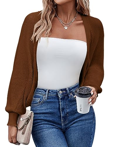 Hotouch Bolero Damen Festlich Langarm Strickjacke Elegant Cardigan Open Front Shrugs Kurz Leichte Jäckchen Boleros Strick für Kleider Casual Einfabig Braun M cp von Hotouch