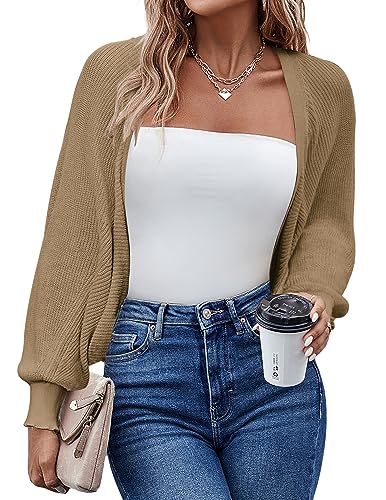Hotouch Cardigan Damen Kurz Bolero Damen Festlich Strickjacke Elegant Open Front Shrugs Langarm Leichte Jäckchen Boleros Strick Bolerojacke für Kleider Casual Einfabig Khaki XL von Hotouch
