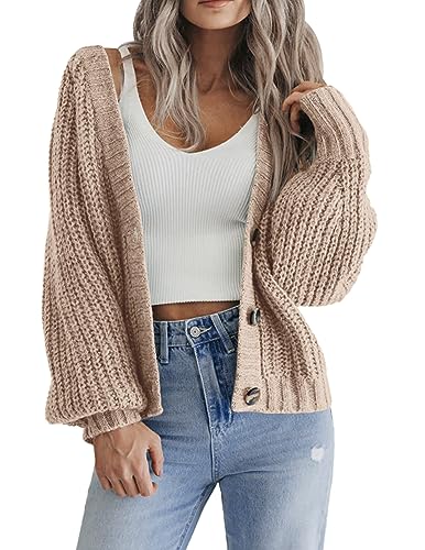 Hotouch Cardigan Damen Strickjacke Laternenärmel Gestrickte Jäckchen Casual Weich V-Ausschnitt Knopfleiste Khaki Strickmantel M von Hotouch