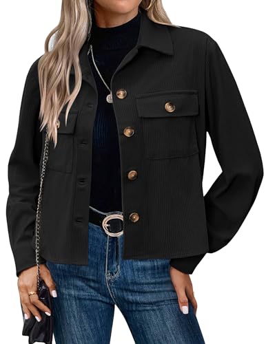 Hotouch Cordjacke Damen Langarm Button Down Boucle Jacke mit Taschen Herbst Winter Casaul Jacket Kurze Cord Jacke Schwarz S von Hotouch