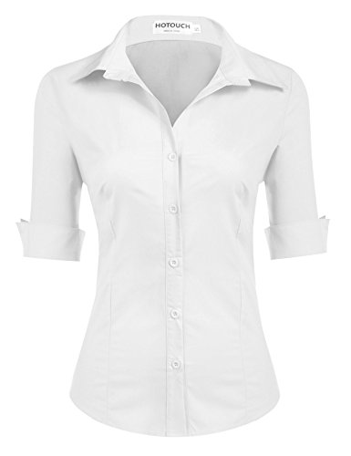 Hotouch Bluse Weiß Damen Kurzarm Shirt mit V-Ausschnitt Hemdbluse Frauen Oberteile Baumwolle Basic Hemden mit Knöpfen Weiß L von Hotouch