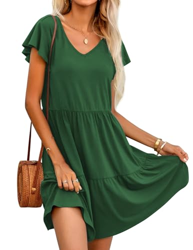 Hotouch Damen A-Linie Kleid V Ausschnitt Einfarbig Kleid Elegant Sommerkleider Kurzarm Freizeitkleid Rüschen Knielang Gestuftes Kleider mit Taschen Grün M von Hotouch