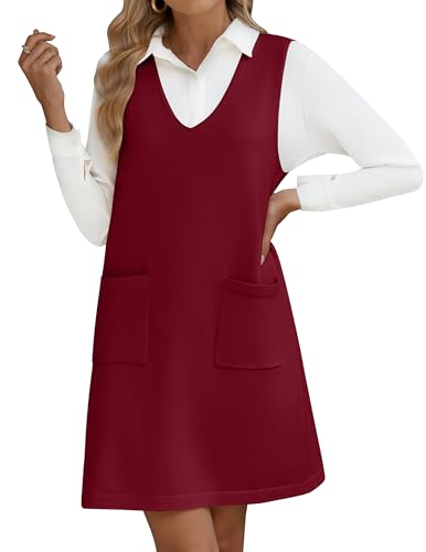 Hotouch Damen Ärmellos Kleid Winter V Ausschnitt Vest Pulloverkleider Herbstkleider Taschen Mini Dress von Hotouch