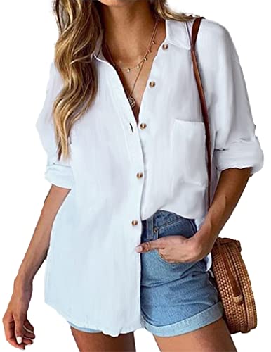 HOTOUCH Bluse Weiß Damen Hemd Langarmshirt mit Knöpfen für Frühling Arbeit Orberteil Weiß S von HOTOUCH