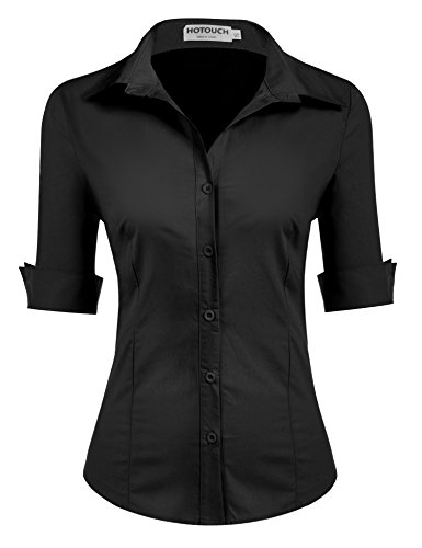 Hotouch Damen Bluse 3/4 Arm Formale Arbeit Slim Fit Baumwollhemd Basic Hemd Knopfleiste Oberteile Kurzarm V-Ausschnitt Tops XS-XXL, Schwarz , X-Large von Hotouch