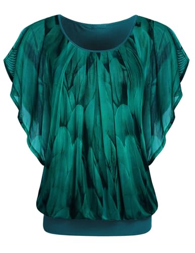 Hotouch Blusen Damen Kurzarm Doppellagig Mesh Rundhals Oberteile Loose Flowy Flügelärmel Tunika Sommer elegant Top von Hotouch