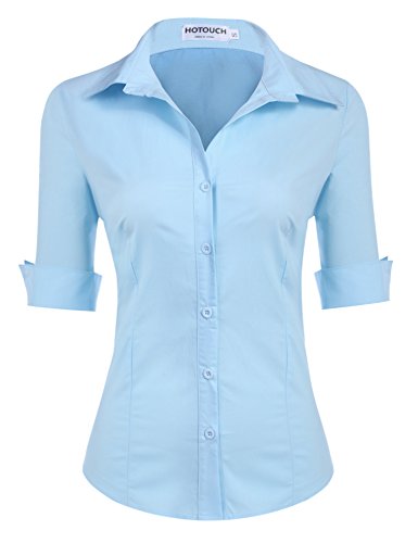 Hotouch Damen Bluse Elegant Baumwolle Knopfleiste Klassische Bluse Business Frauen Tops Modern Arbeitshemd Seeblau L von Hotouch