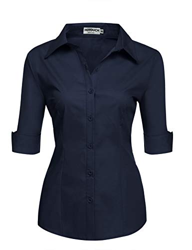 Hotouch Damen Bluse Elegant Kurzarm Hemd Slim Fit Frauen Shirts Knöpfen Basic Hemdbluse Casual Oberteile Navyblau M von Hotouch